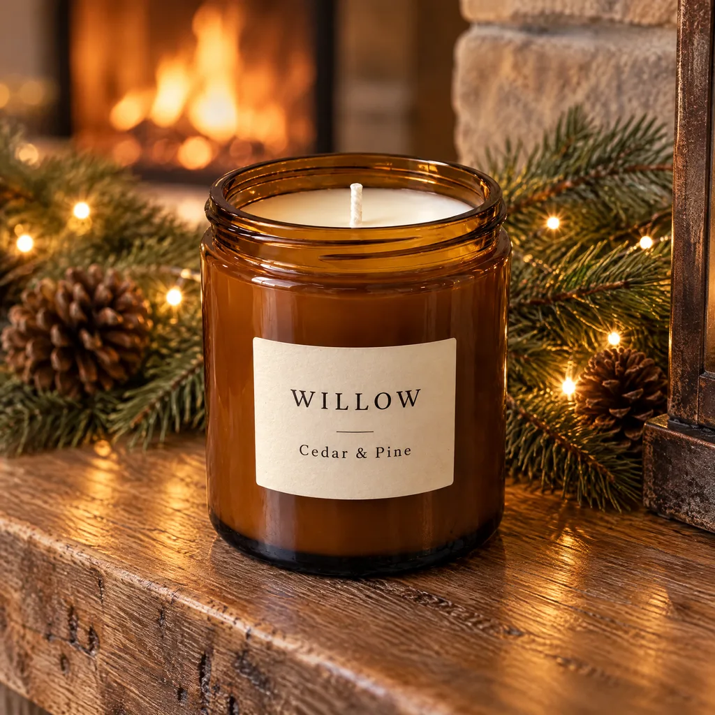 Handmade candle on a Christmas mantelpiece after AI product photography