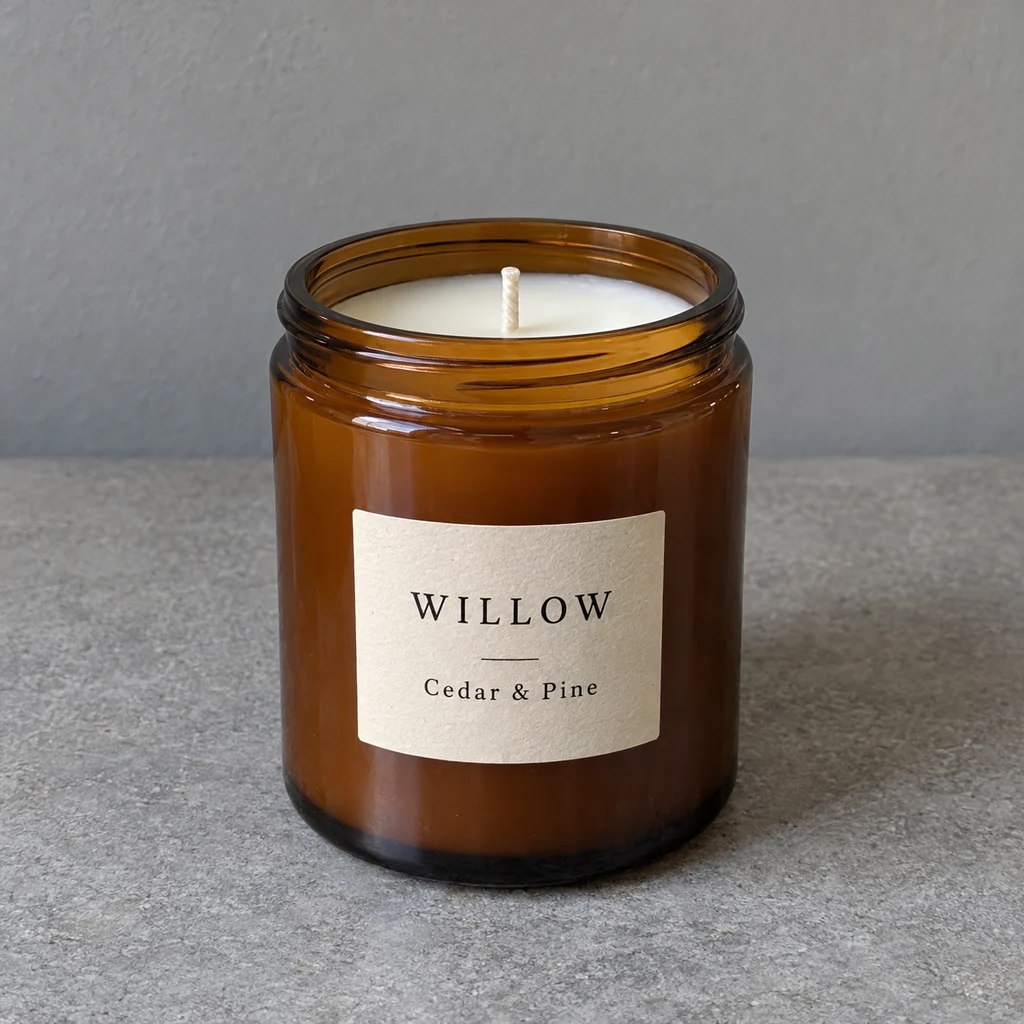 Handmade candle in an amber jar before AI product photography