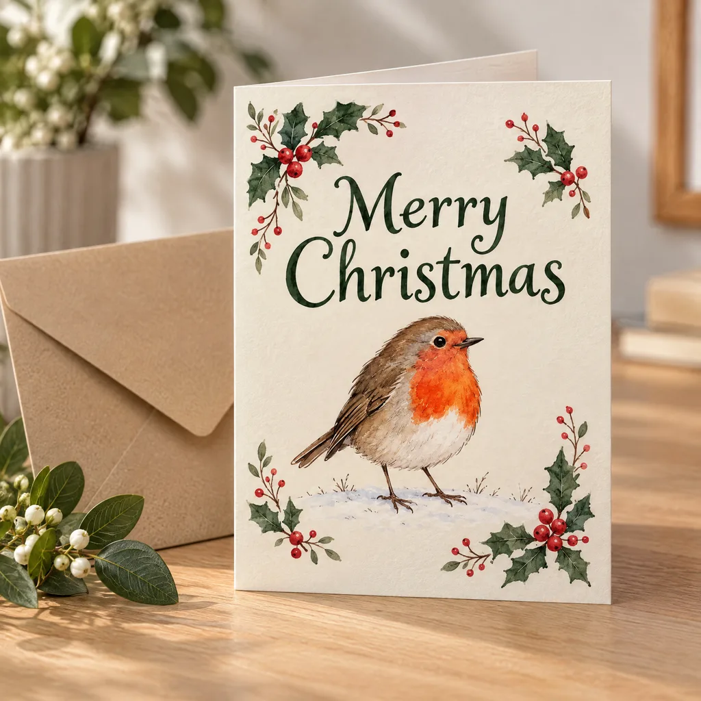 The same Christmas card printed and standing beside an envelope after AI product photography