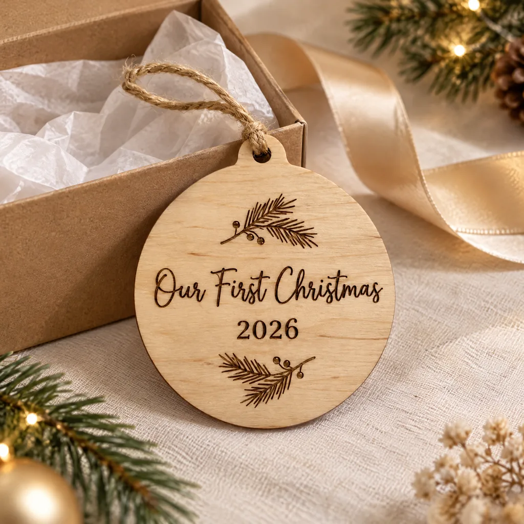 Engraved wooden keepsake beside a gift box after AI product photography