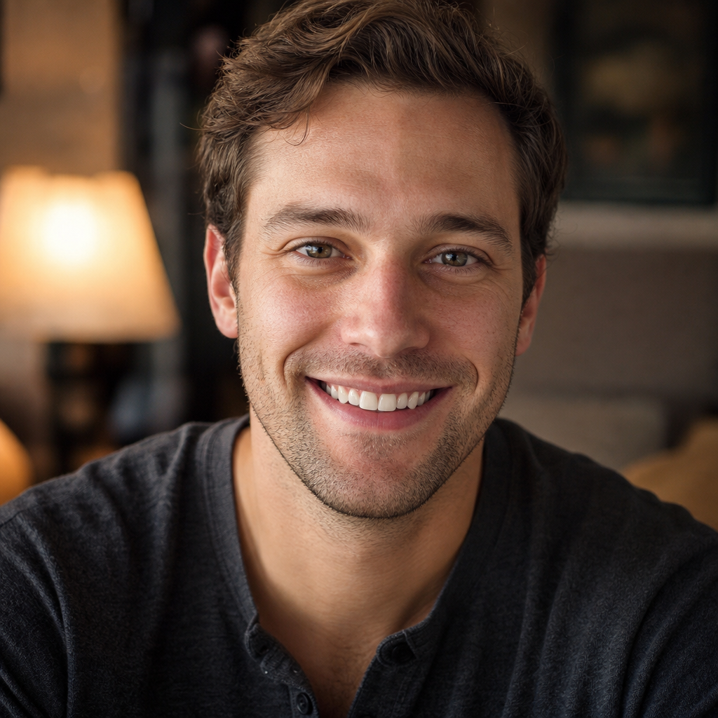 Portrait with a small chip on a front tooth before AI editing