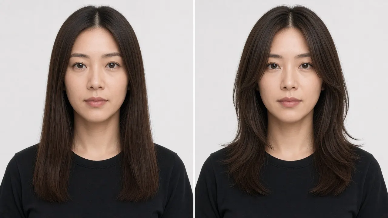 The same woman in a black shirt, with one-length dark hair past the shoulders on the left and shorter face-framing layers around the cheeks and jaw on the right