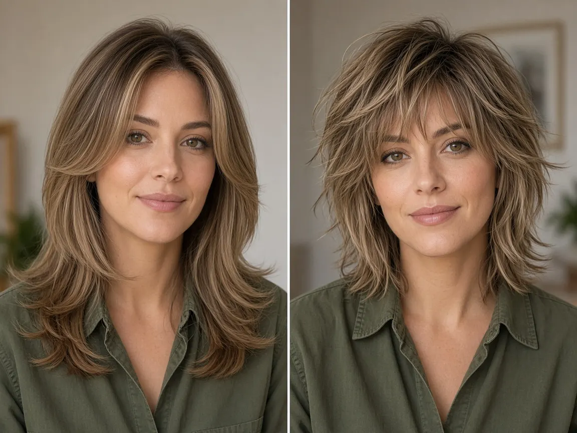 The same woman in an olive shirt: soft face-framing layers with the length kept on the left, and a shorter choppy cut with a piecey fringe on the right