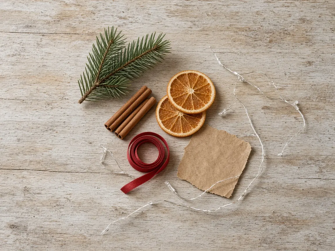 Christmas product photography prop kit on pale wood: a pine sprig, three cinnamon sticks, two dried orange slices, a coiled red ribbon, a scrap of kraft paper, and unlit fairy lights