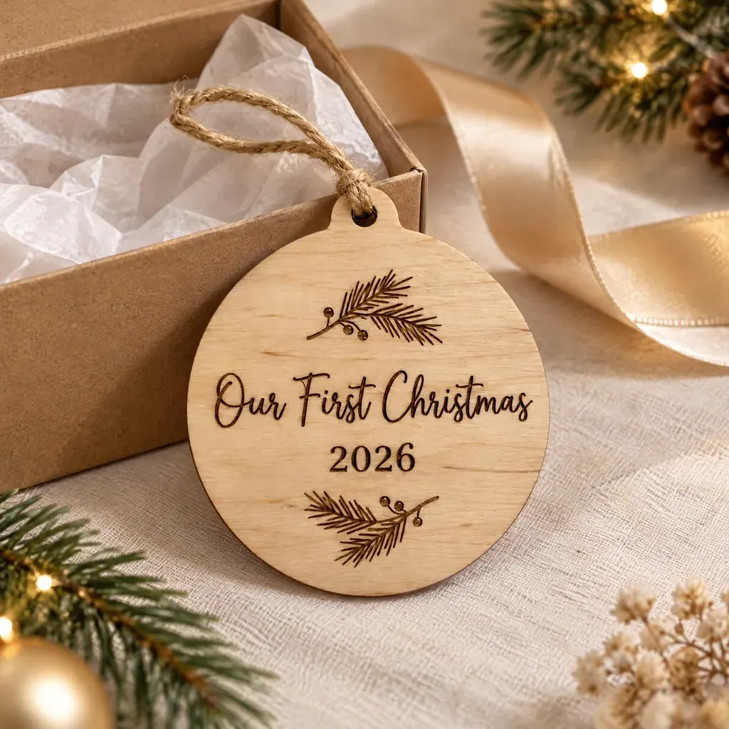 The same engraved Our First Christmas 2026 ornament in front of an open kraft gift box with tissue paper and a satin ribbon