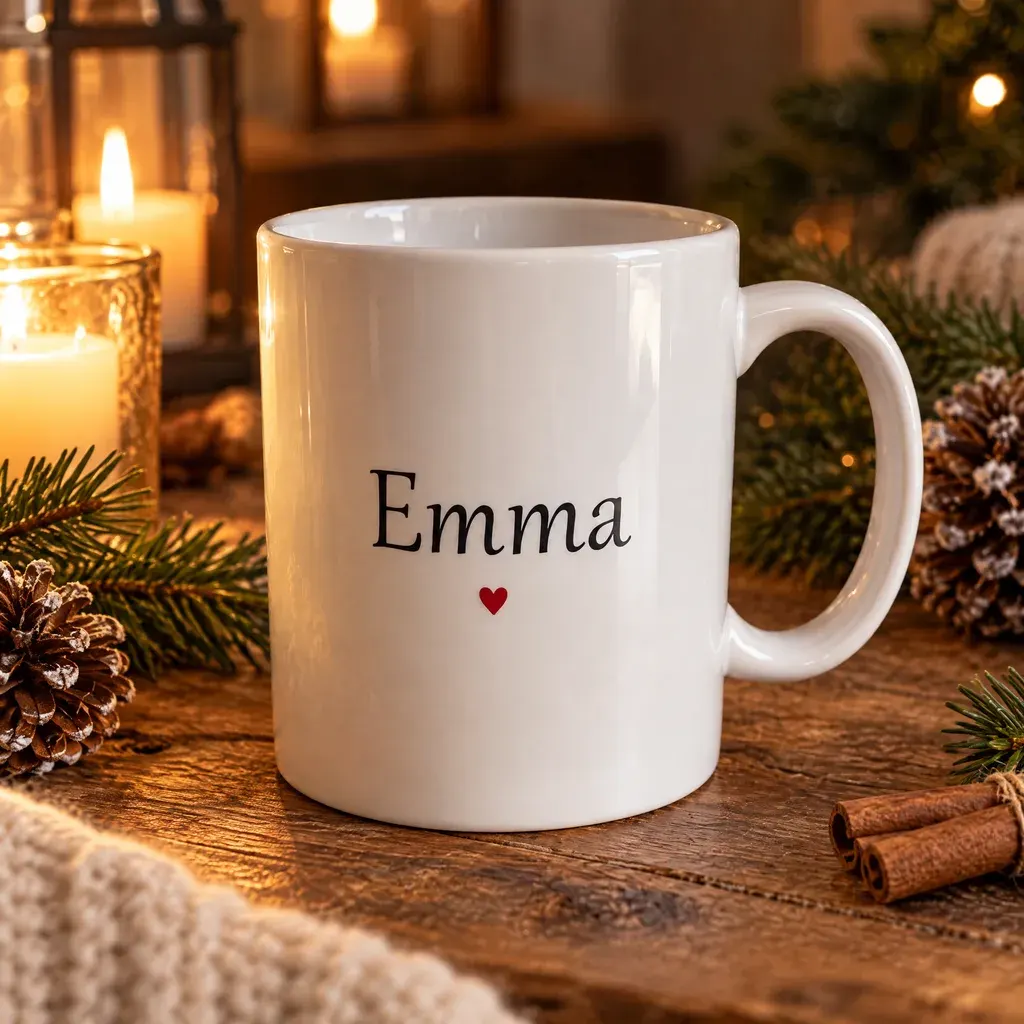 The same Emma mug and red heart on a rustic wooden Christmas table with pine, pine cones, cinnamon sticks, candlelight, and a knit throw