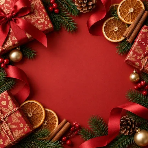 Top-down red Christmas flat lay with an empty center, framed by pine, red ribbon, dried orange slices, cinnamon sticks, gold baubles, and small wrapped gifts