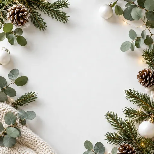 White surface with an empty center, edged with eucalyptus, pine, white baubles, pine cones, a knit corner, and a few fairy lights