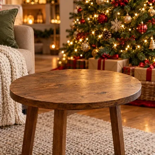 Empty round wooden side table in front of a decorated Christmas tree with warm lights and wrapped presents, a scene reference with no product
