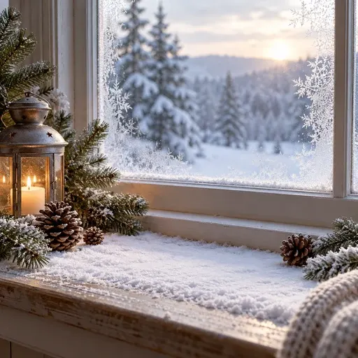 Snowy wooden windowsill with frost and snowflake patterns on the glass, a lit lantern, pine cones, and evergreen, looking onto snow-covered trees, with no product