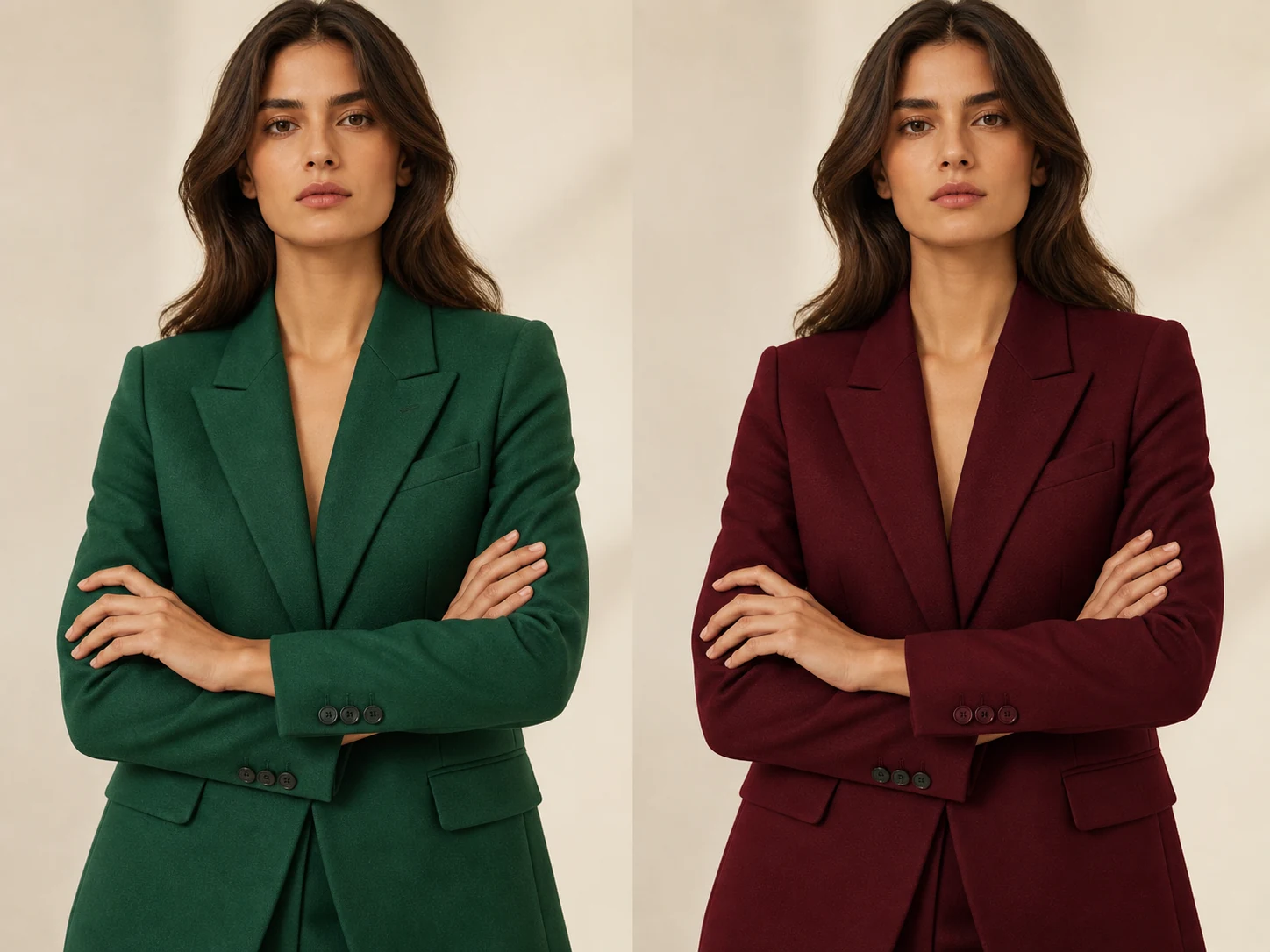 Before-and-after fashion portrait with an emerald blazer recolored deep oxblood while preserving the model and studio light