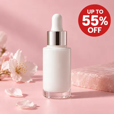 The same serum bottle photo with the badge changed to up to 55% off
