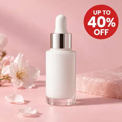 Serum bottle product photo with a red badge reading up to 40% off