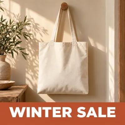 The same tote bag image with the banner changed to Winter Sale