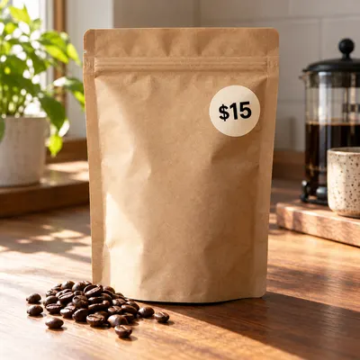 The same coffee pouch photo with the price sticker changed to $15