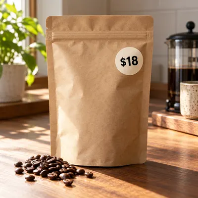 Coffee pouch listing photo with a round price sticker reading $18