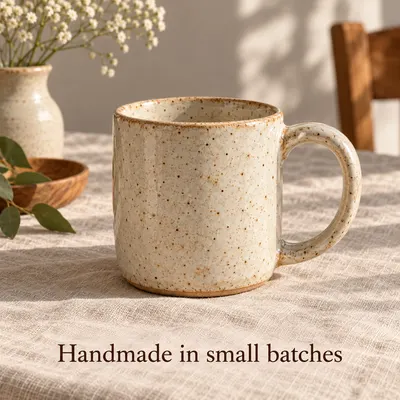 Ceramic mug listing image with the tagline Handmade in small batches