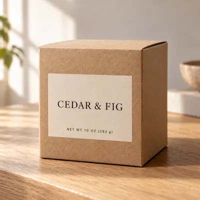 The same candle box with the label changed to net weight 10 oz