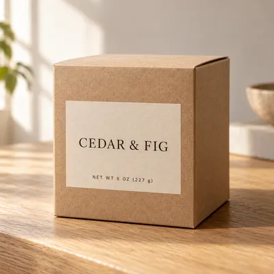 Kraft candle box labelled Cedar and Fig, net weight 8 oz