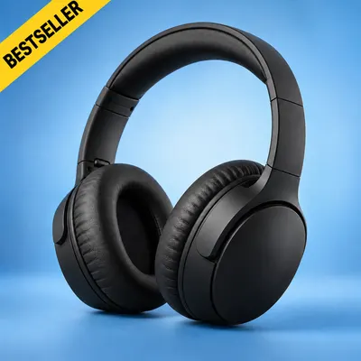 Headphones listing image with the ribbon edited from NEW to BESTSELLER