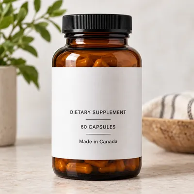 Supplement bottle label with the origin line edited to Made in Canada
