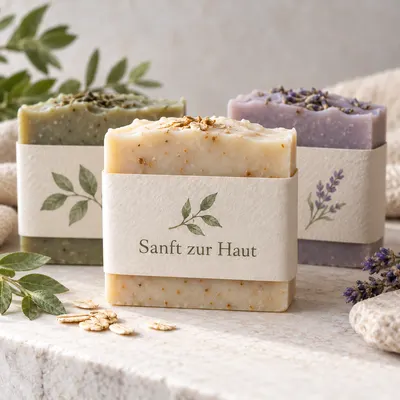 Soap packaging band with the tagline rewritten in German