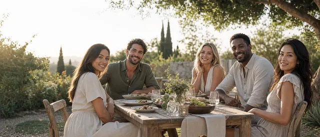 Five friends sharing a relaxed garden dinner at golden hour