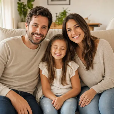 Family photo with a child blinking before AI correction